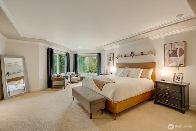 bedroom featuring light colored carpet and ornamental molding