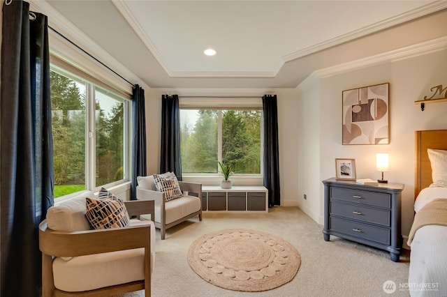 sitting room with crown molding, recessed lighting, and light colored carpet
