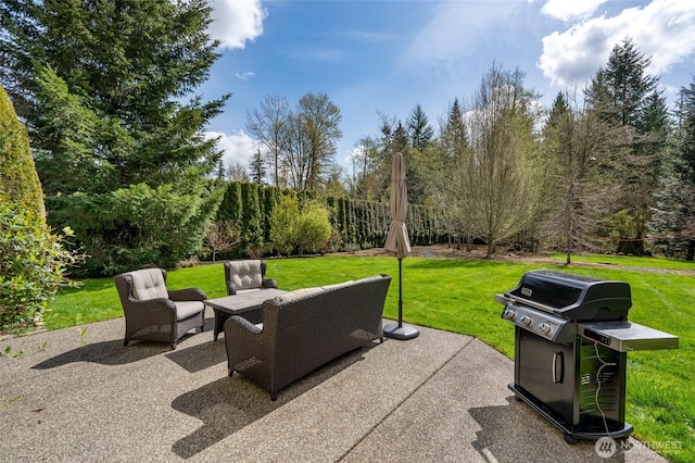 view of patio with area for grilling and an outdoor hangout area