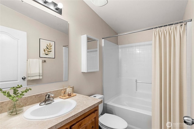 full bathroom with toilet, shower / tub combo with curtain, and vanity