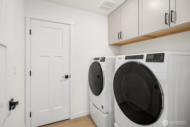 27215 106th Ave SE, Kent, WA 98030 - laundry area with light wood finished floors, visible vents, independent washer and dryer, and cabinet space