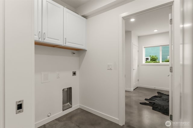 clothes washing area with cabinet space, hookup for an electric dryer, baseboards, and recessed lighting