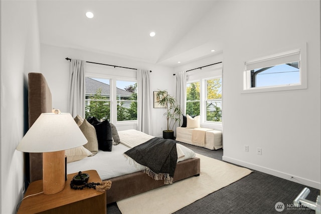 carpeted bedroom with lofted ceiling, recessed lighting, and baseboards
