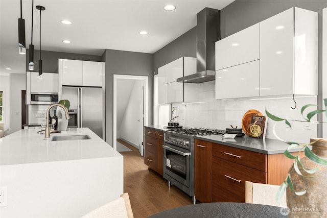 kitchen featuring modern cabinets, wall chimney range hood, a sink, stainless steel appliances, and dark wood-style flooring