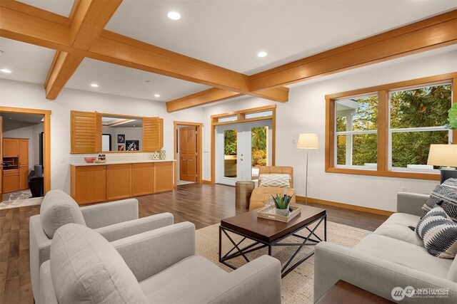 25935 SE 235th Way, Maple Valley, WA 98038 - living room featuring french doors, dark wood finished floors, and beam ceiling
