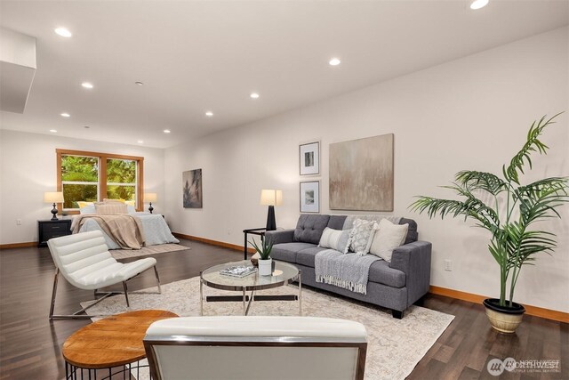 25935 SE 235th Way, Maple Valley, WA 98038 - living area featuring dark wood-style flooring, baseboards, and recessed lighting
