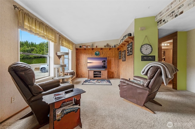 living room with vaulted ceiling and carpet floors