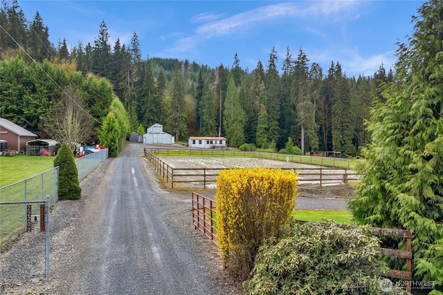 view of road with a view of trees, a gated entry, gravel driveway, and a rural view