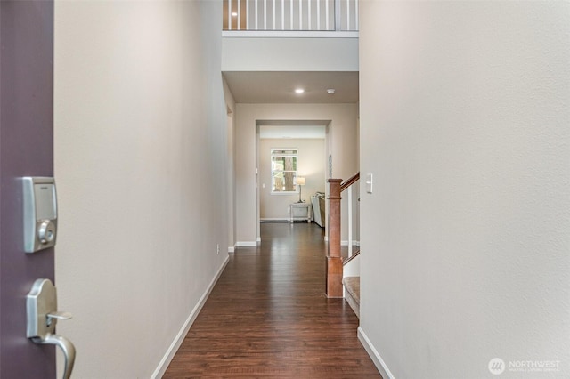 27631 154th Pl SE, Kent, WA 98042 - hallway with baseboards, dark wood-style flooring, and stairs