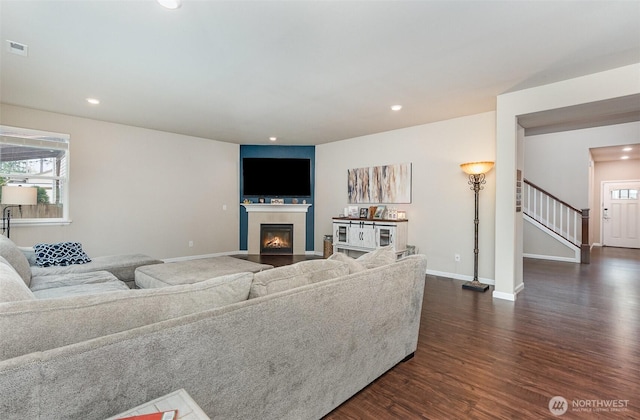 27631 154th Pl SE, Kent, WA 98042 - living area featuring dark wood-style floors, visible vents, stairs, and recessed lighting