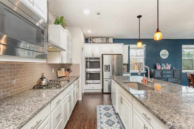 27631 154th Pl SE, Kent, WA 98042 - kitchen featuring stainless steel appliances, tasteful backsplash, dark wood-type flooring, a sink, and a wealth of natural light