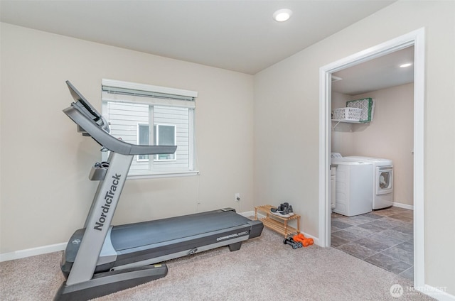 27631 154th Pl SE, Kent, WA 98042 - workout area featuring baseboards, washing machine and dryer, and carpet flooring