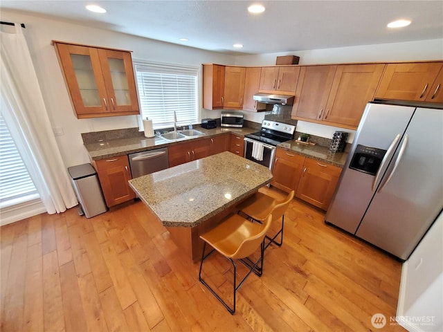 kitchen with under cabinet range hood, a sink, stainless steel appliances, and light wood-style floors
