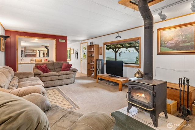 living area featuring carpet floors, a wood stove, track lighting, and crown molding