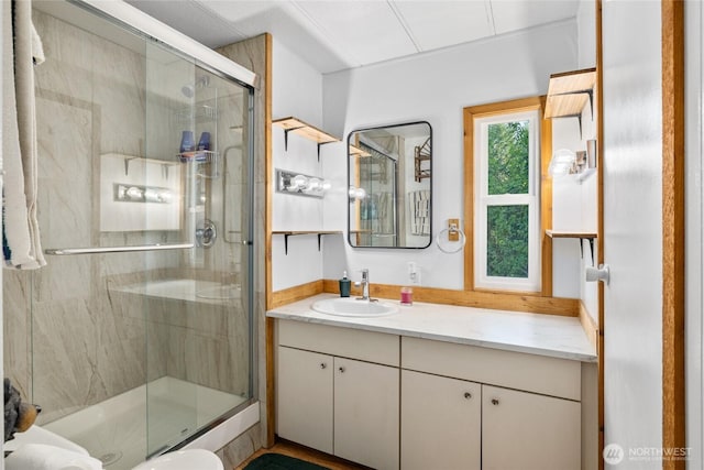 bathroom with vanity and a stall shower