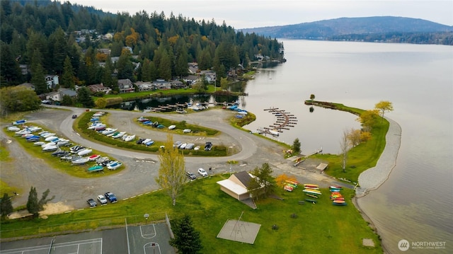bird's eye view with a water and mountain view and a view of trees