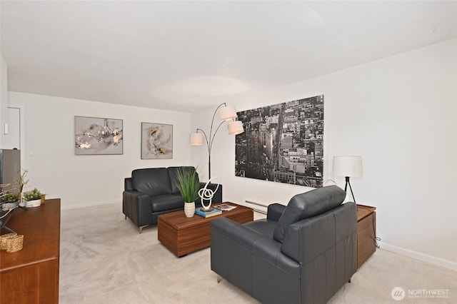 7021 Sand Point Way Unit B319, Seattle, WA 98115 - living area featuring light colored carpet, a baseboard radiator, and baseboards