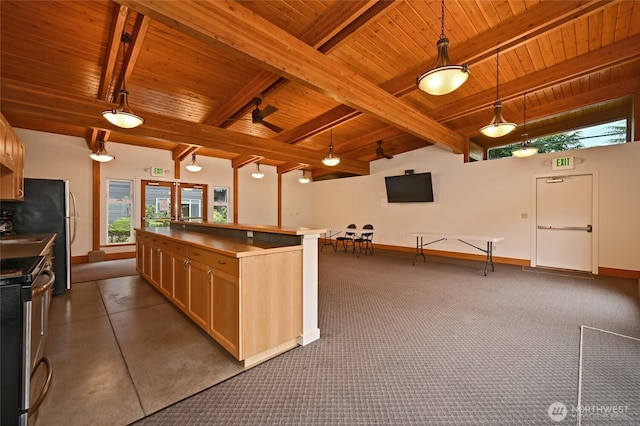 7021 Sand Point Way Unit B319, Seattle, WA 98115 - kitchen featuring wood ceiling, baseboards, appliances with stainless steel finishes, decorative light fixtures, and light brown cabinets
