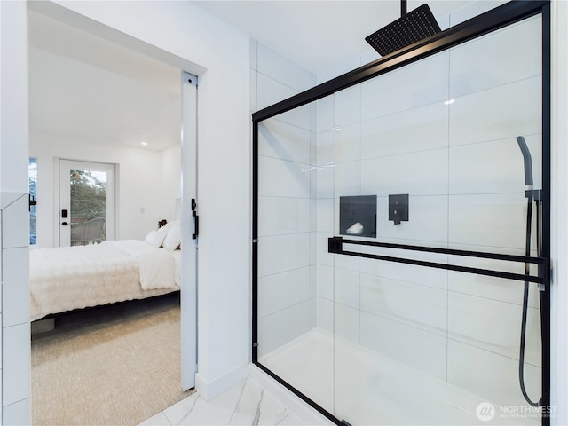 full bathroom with connected bathroom, a stall shower, and marble finish floor