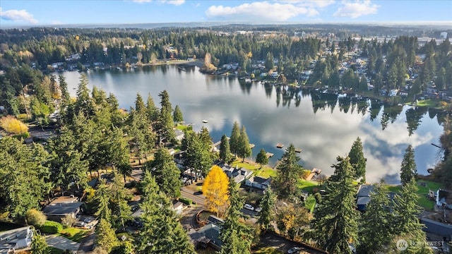 drone / aerial view with a water view and a forest view