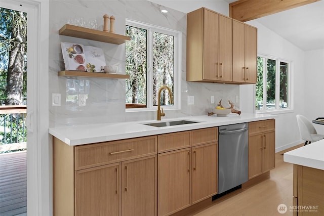 kitchen with open shelves, dishwasher, lofted ceiling with beams, a sink, and light countertops