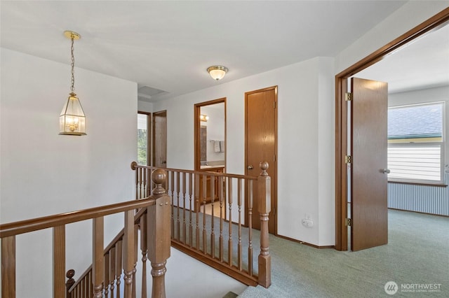 hall featuring carpet, a healthy amount of sunlight, baseboards, and an upstairs landing