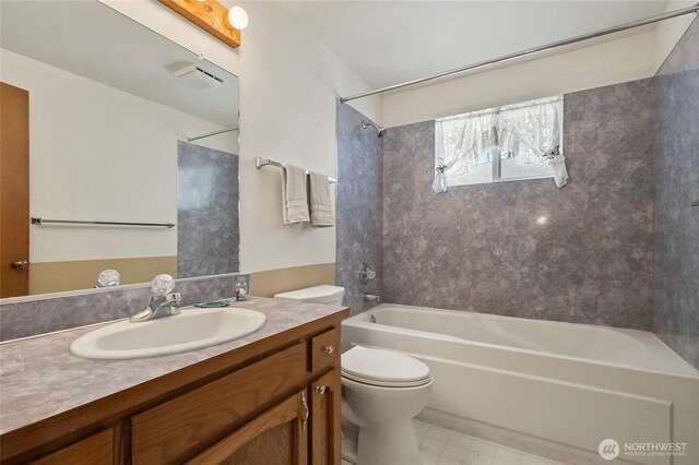 full bath with toilet, vanity, and shower / tub combination