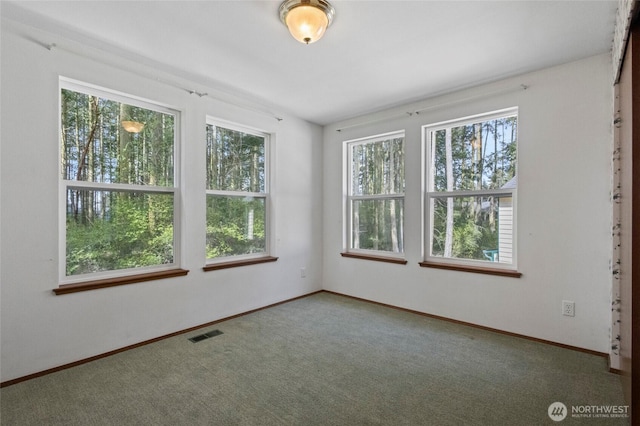 unfurnished room featuring carpet, a healthy amount of sunlight, baseboards, and visible vents
