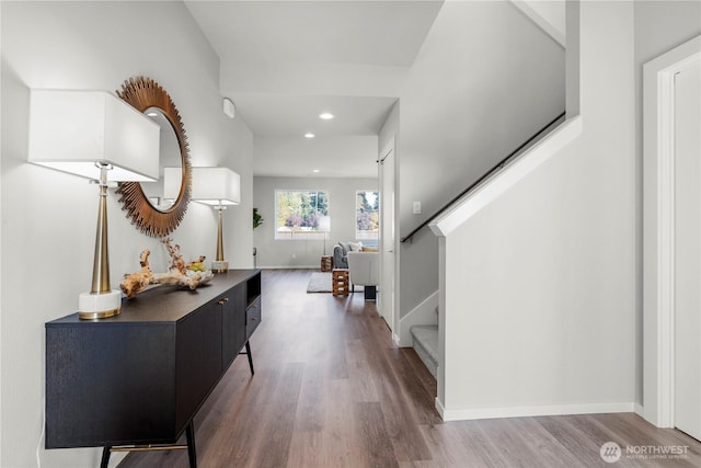 13815 Brookdale Ln E Unit 107, Tacoma, WA 98445 - entrance foyer with recessed lighting, stairway, baseboards, and wood finished floors