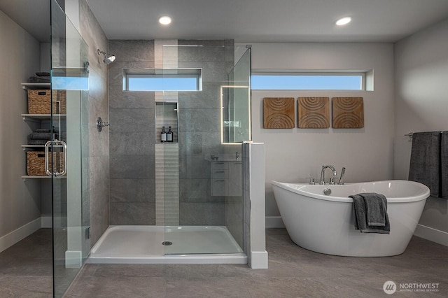1515 141st St E Unit 72, Tacoma, WA 98445 - full bathroom with a stall shower, baseboards, a soaking tub, recessed lighting, and tile patterned floors