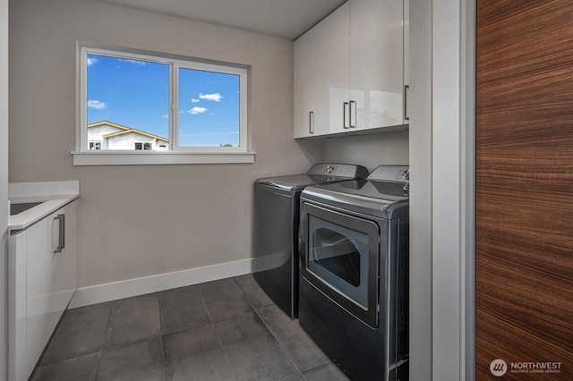 1515 141st St E Unit 72, Tacoma, WA 98445 - washroom with cabinet space, separate washer and dryer, baseboards, and dark tile patterned flooring