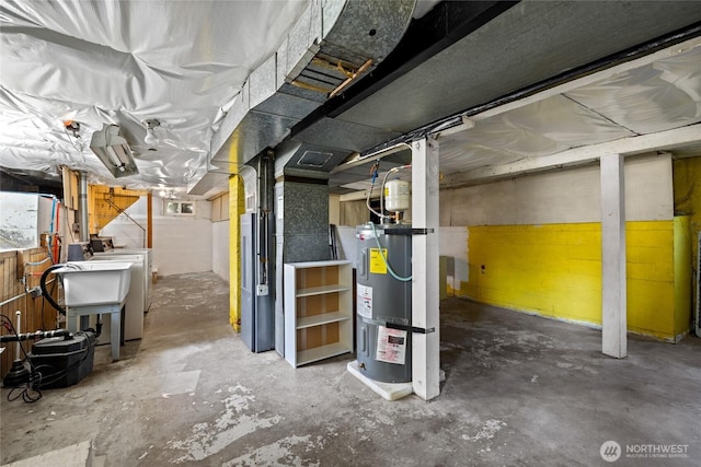 below grade area with washer / clothes dryer, a sink, and water heater