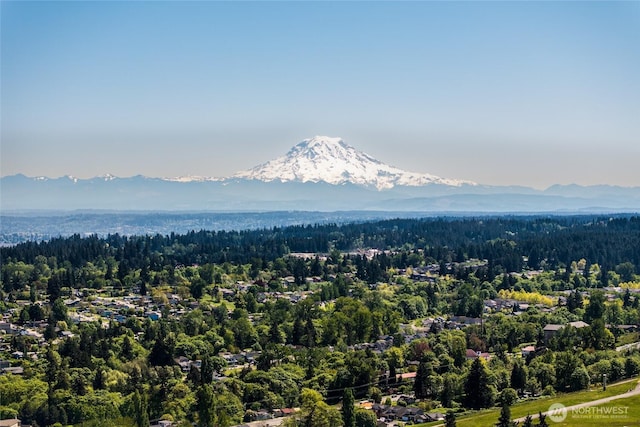 aerial view featuring a mountain view and a wooded view