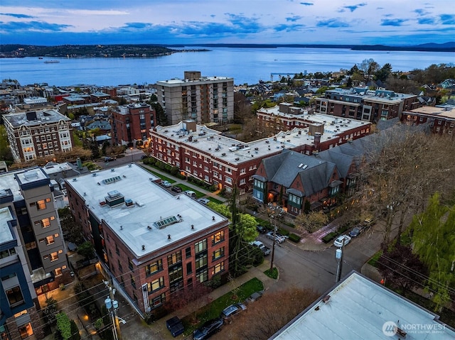 drone / aerial view with a water view