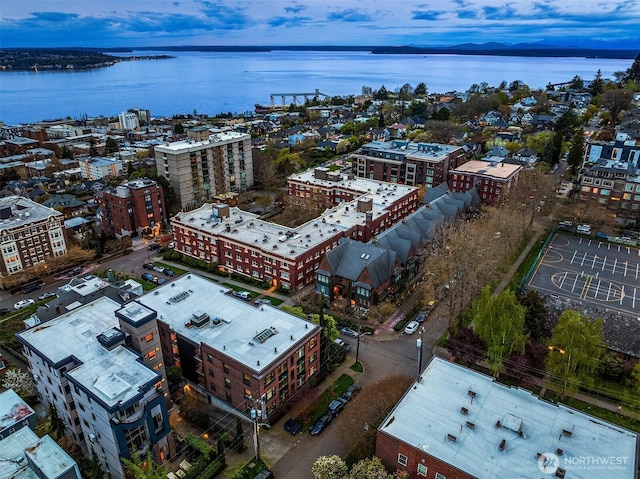 bird's eye view with a water view