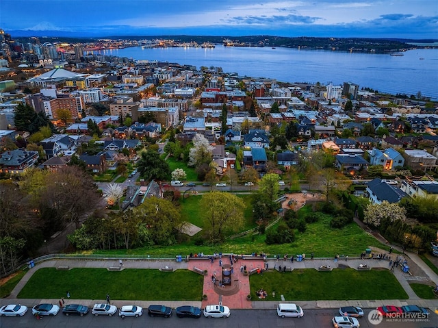 drone / aerial view featuring a water view