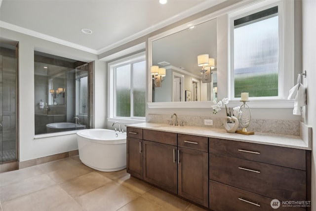 bathroom featuring vanity, a stall shower, tile patterned flooring, crown molding, and a freestanding bath