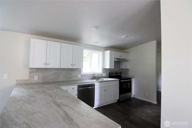 kitchen with white cabinetry, backsplash, black dishwasher, and stainless steel electric stove