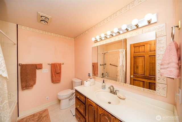 full bathroom with toilet, vanity, tile patterned flooring, baseboards, and shower / bath combination with curtain