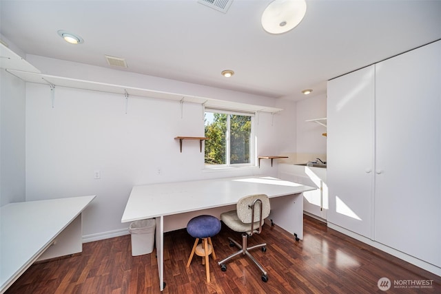 home office with built in study area, dark wood-style flooring, and visible vents