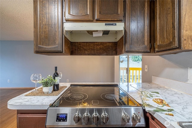 1023 S 88th St, Tacoma, WA 98444 - kitchen featuring stainless steel range with electric stovetop, dark brown cabinets, a textured ceiling, and under cabinet range hood