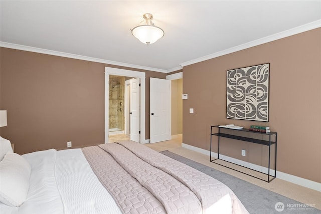 bedroom with light colored carpet, baseboards, ornamental molding, and connected bathroom