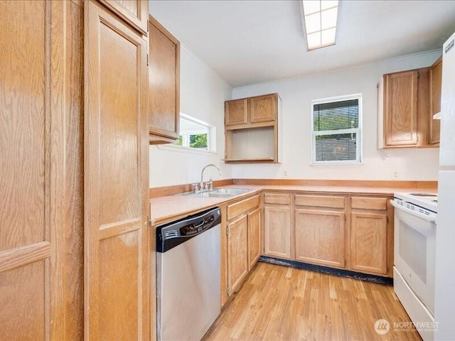 8434 34th Ave S, Seattle, WA 98118 - kitchen featuring white range with electric cooktop, dishwasher, a sink, light wood-style floors, and light countertops
