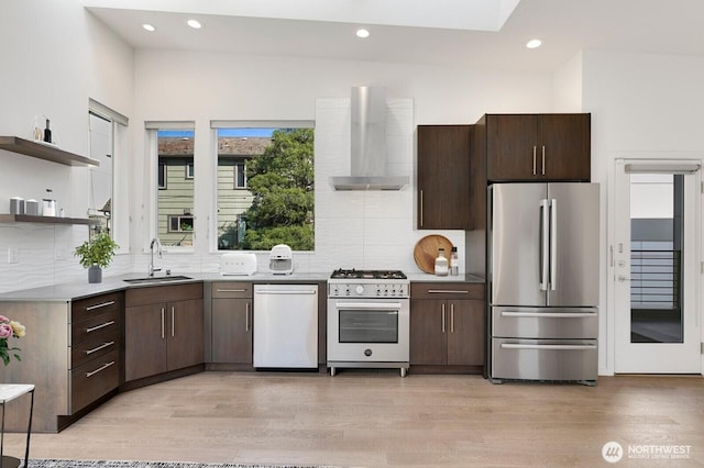 3929 2nd Ave NE, Seattle, WA 98105 - kitchen featuring open shelves, dark brown cabinets, a sink, wall chimney exhaust hood, and appliances with stainless steel finishes