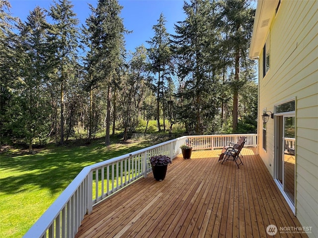 861 Kirner Rd, Sequim, WA 98382 - wooden deck featuring a yard and view of scattered trees