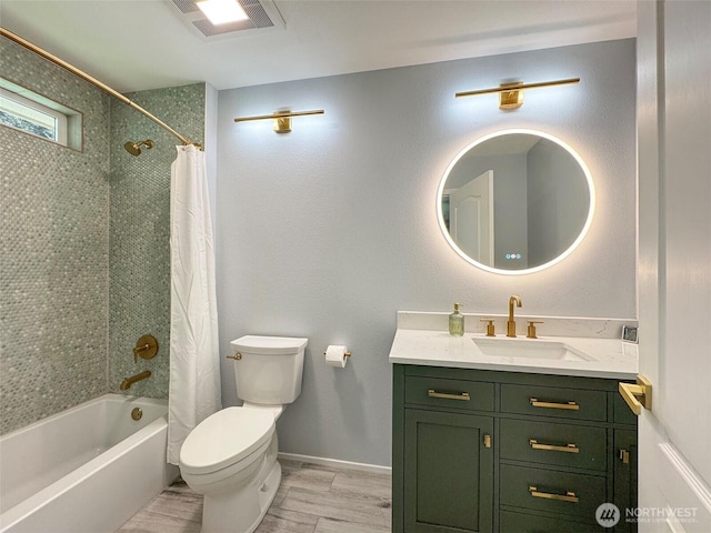 861 Kirner Rd, Sequim, WA 98382 - bathroom featuring toilet, vanity, wood finished floors, and shower / bathtub combination with curtain