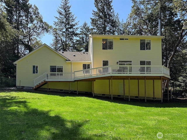 861 Kirner Rd, Sequim, WA 98382 - rear view of property featuring a wooden deck, a yard, stairs, and crawl space