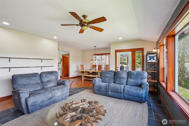 14900 NE Critter Hill Dr, Amboy, WA 98601 - living area featuring plenty of natural light, a ceiling fan, lofted ceiling, and recessed lighting