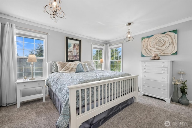 bedroom with a chandelier, ornamental molding, and carpet