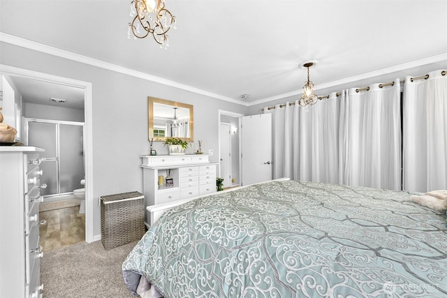 carpeted bedroom featuring ornamental molding and an inviting chandelier